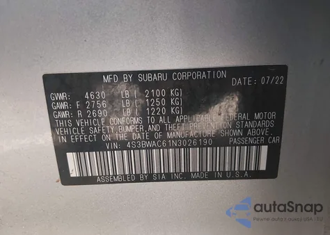 2022 Subaru Legacy Premium из США, поврежденный, VIN 4S3BWAC61N3026190